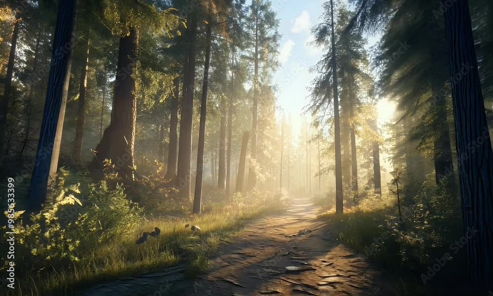 Sunlight Beams Through Tall Trees in a Foggy Forest Path Sunlight Beams Through Tall Trees in a Foggy Forest Path