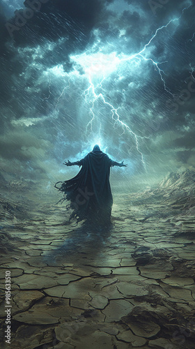 A cloaked wizard is casting a spell