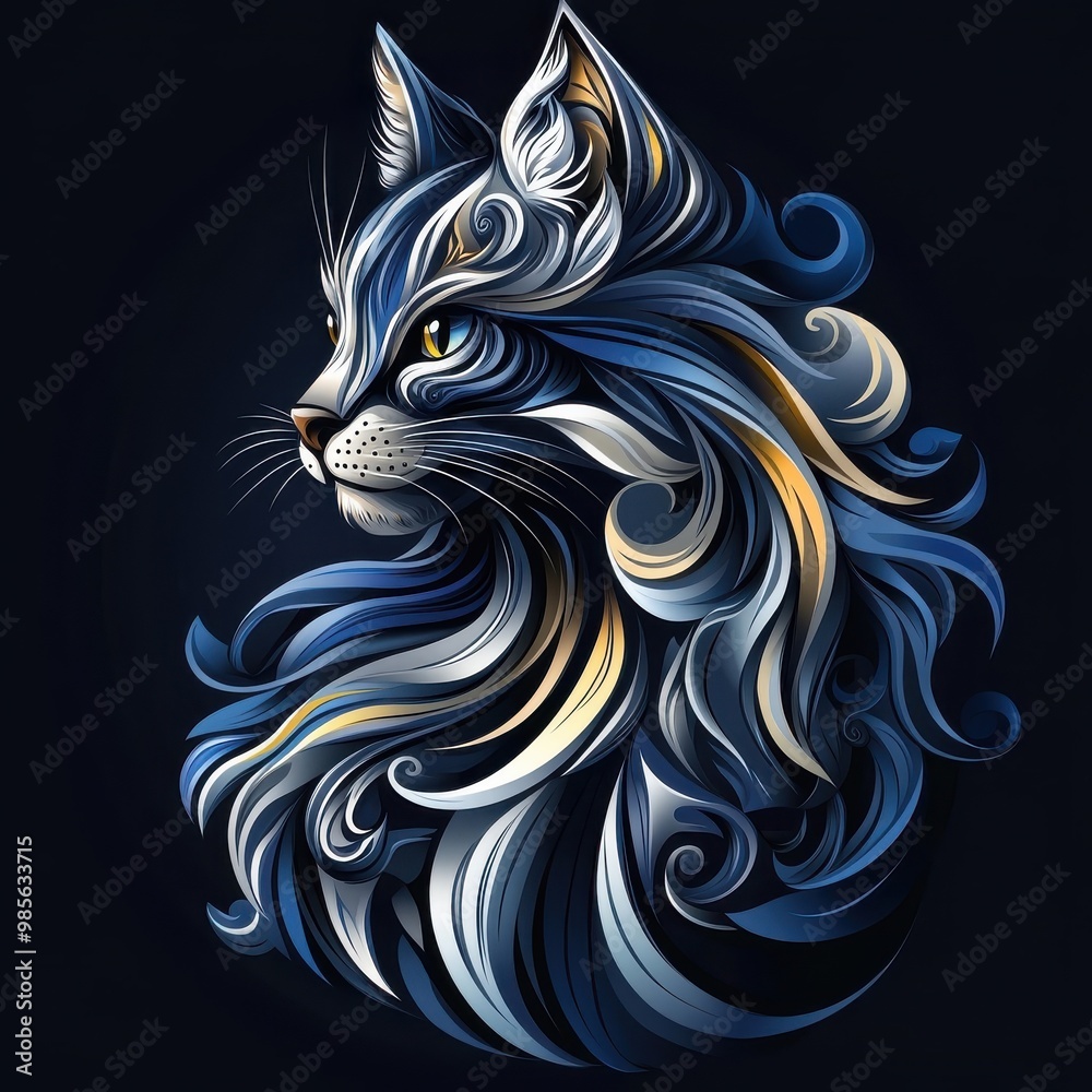 Fototapeta premium Maine Coon cat designed in Morphism style, with abstract curves and smooth, flowing shapes emphasizing its majestic form.