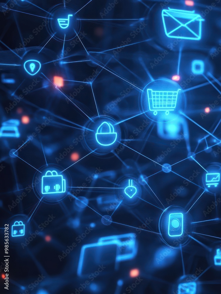 Abstract network of connected icons symbolizing online shopping and e-commerce on a digital interface with a depth of field effect. Abstract network of connected icons symbolizing online shopping and e-commerce on a digital interface with a depth of field effect.