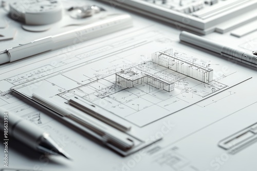 3D rendering of an architectural model with drafting instruments on a white background