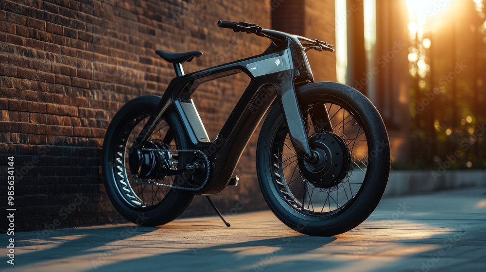 Sleek black electric bike parked against brick wall in the city. Sleek black electric bike parked against brick wall in the city.