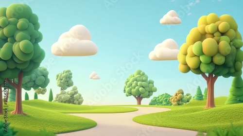 A cartoon-style winding path through a lush green park with puffy clouds in a bright blue sky.