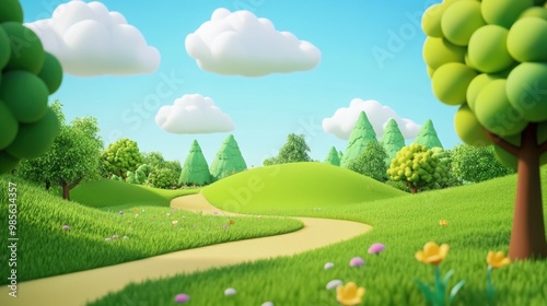 Cartoon-style path winding through green hills and trees under a blue sky with puffy clouds.
