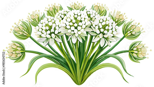 Illustration of Allium Flower, Stunning Allium Flower Vector Illustration - Exquisite White Globe with Radiating Petals, Perfect for Landscaping and Decorative Themes

