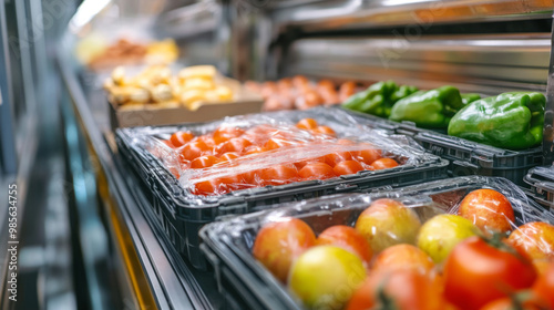 Close-up of perishable goods being packed into climate-controlled containers, ready for air transport, with a focus on preserving freshness photo