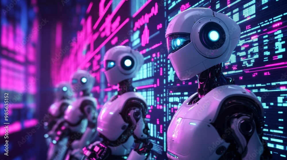 Robots in a futuristic digital environment. Robots in a futuristic digital environment.