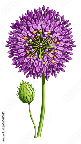 Illustration of Allium Flower, Stunning Allium Flower Vector Illustration - Exquisite Purple Globe with Radiating Petals, Perfect for Landscaping and Decorative Themes