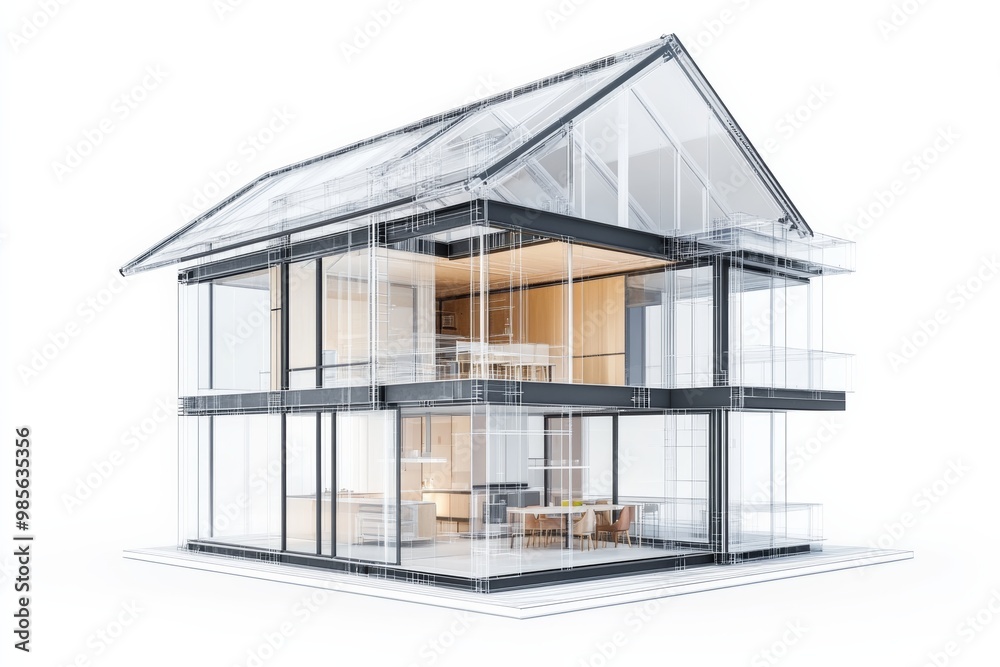 Detailed 3D rendering of a residential house structure with transparent walls revealing the interior layout, isolated on white Detailed 3D rendering of a residential house structure with transparent walls revealing the interior layout, isolated on white