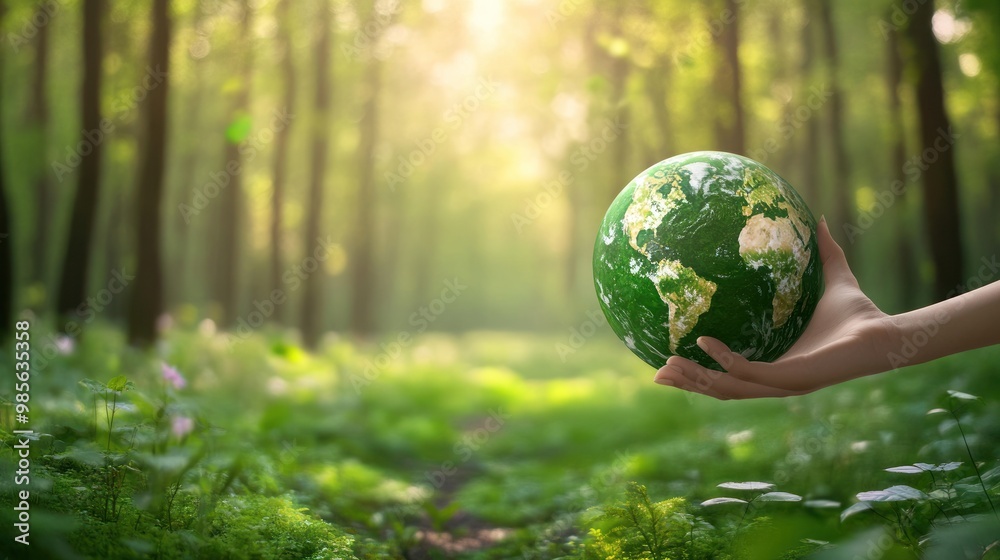 A hand holds a green globe in a forest setting. A hand holds a green globe in a forest setting.