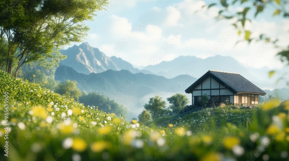Fototapeta premium Tranquil Japanese House in Mountain Valley