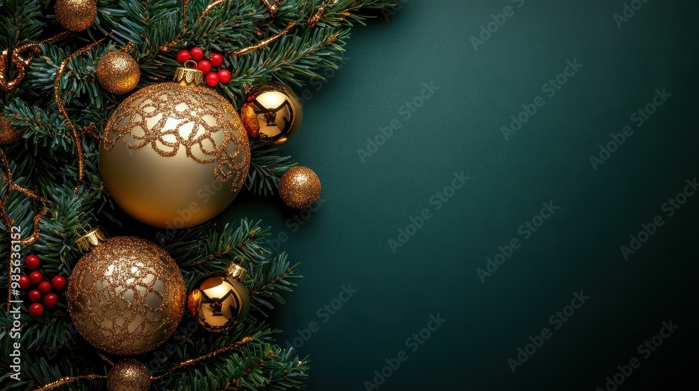 christmas ball with golden balls on dark green background, golden wreath and christmas balls christmas ball with golden balls on dark green background, golden wreath and christmas balls