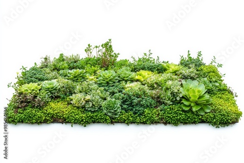 Extensive green roof with sedum plants, environmentally friendly roofing, on solid white background, single object., photo