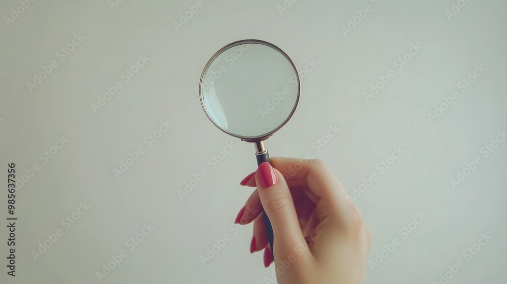 A hand holding a magnifying glass against a plain white background. A hand holding a magnifying glass against a plain white background.