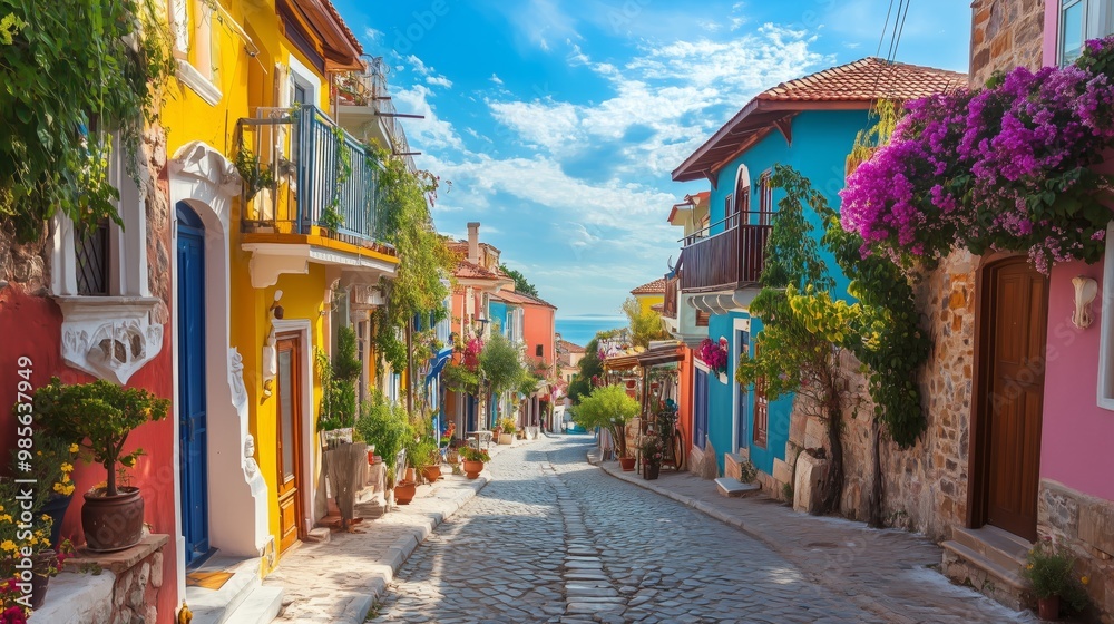 Fototapeta premium panoramic street view. colorful houses in summer. Historical Greek houses in europe. Travel routes for turkey journey. Village landscape on a hot summer day. Ayvalik city, Turkey.