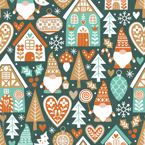 Seamless vector pattern with cute nordic Christmas gnomes and gingerbread houses and. Hand drawn Christmas gingerbread village. EPS 10 vector file. Perfect for textile, wallpaper or print design.