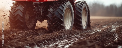 Closeup of a tractor tire driving through muddy field.