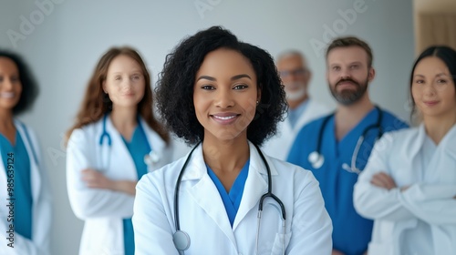 Diverse medical team led by African American female doctor in white coat, showcasing leadership and inclusivity. Healthcare teamwork concept