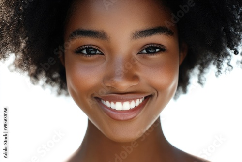 Close up portrait of smiling African American woman with curly hair.