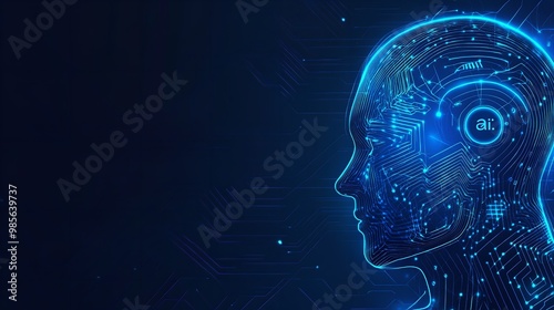 A digital illustration of a human head with a glowing brain, surrounded by technological circuits and data symbols, symbolizing artificial intelligence and technology.