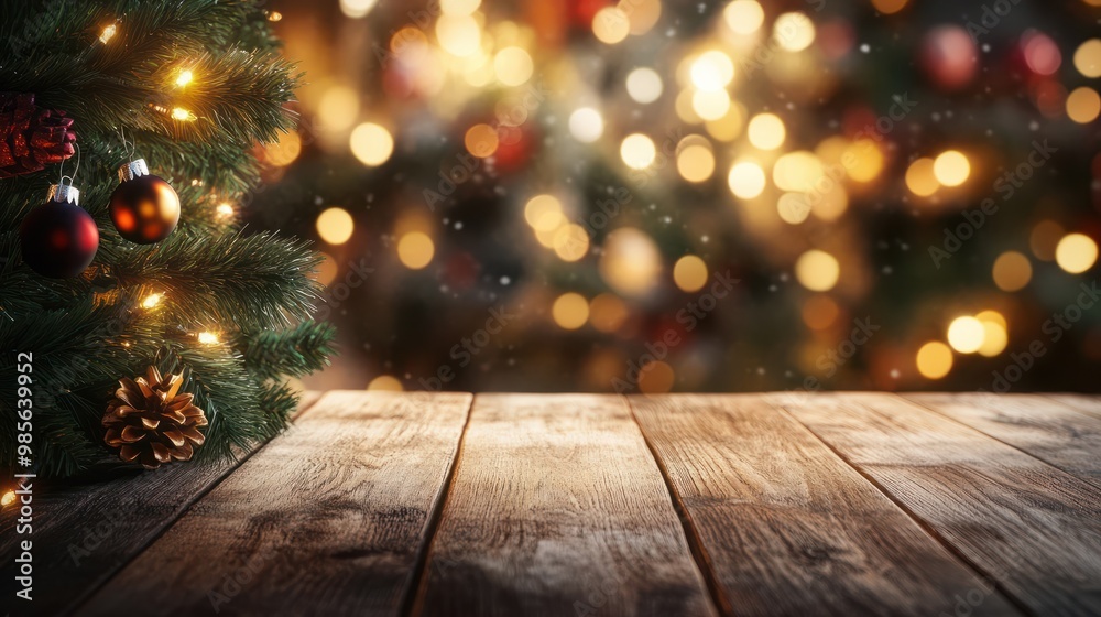 Leerer Holztisch vor unscharfem weihnachtlichen Hintergrund mit Weihnachtsdeko und copy space Leerer Holztisch vor unscharfem weihnachtlichen Hintergrund mit Weihnachtsdeko und copy space