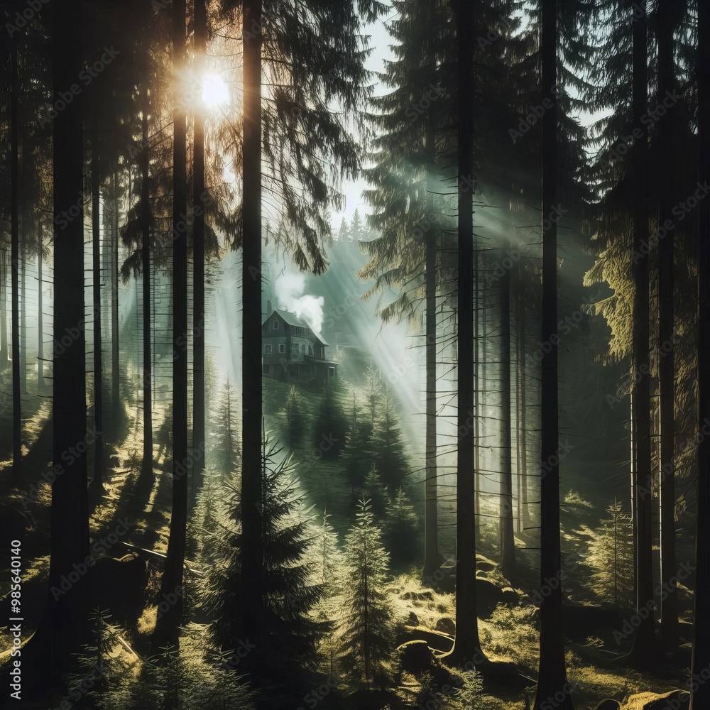 Sunlight streams through towering trees in a misty forest, casting an ...