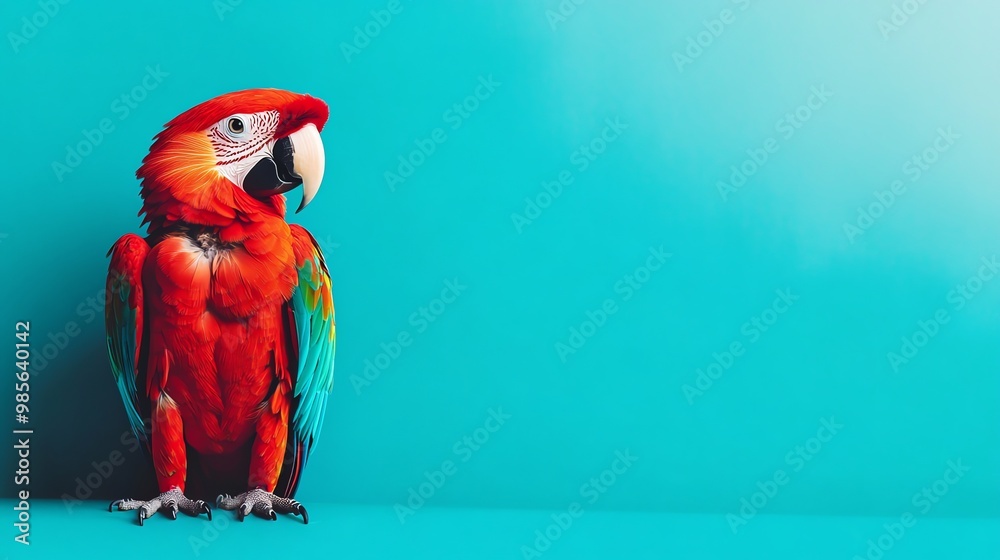Fototapeta premium A vibrant red macaw parrot stands on a blue background.