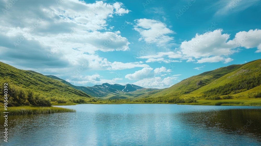 A picturesque mountain lake surrounded by green hills, perfect for summer vacation hiking and outdoor adventures. Copy space in the sky. A picturesque mountain lake surrounded by green hills, perfect for summer vacation hiking and outdoor adventures. Copy space in the sky.