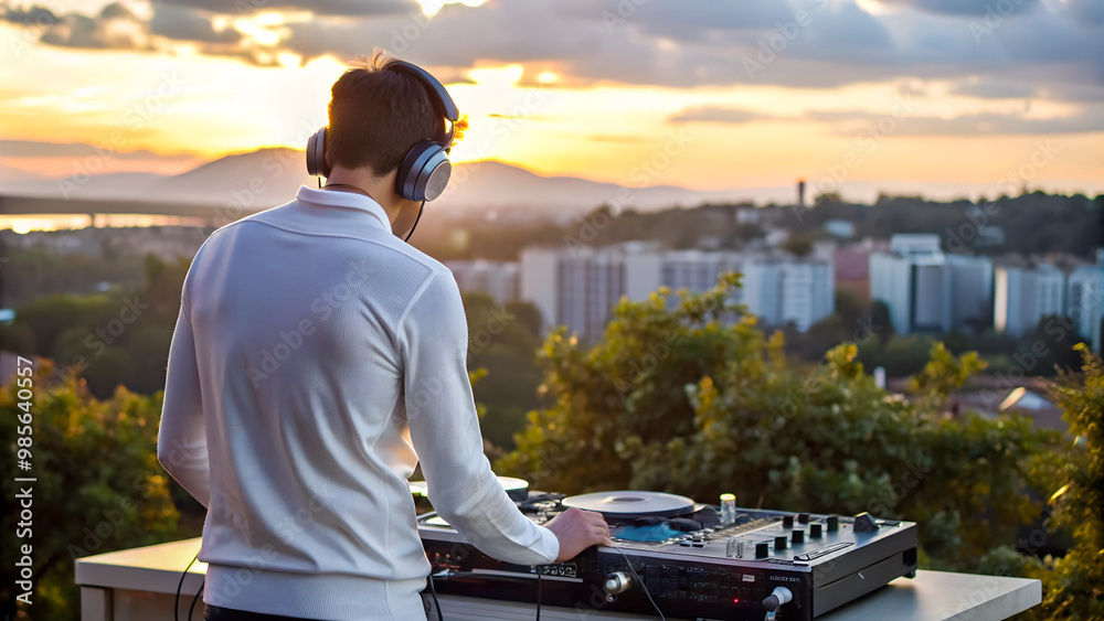 DJ mixes music outdoors with a scenic backdrop during sunset