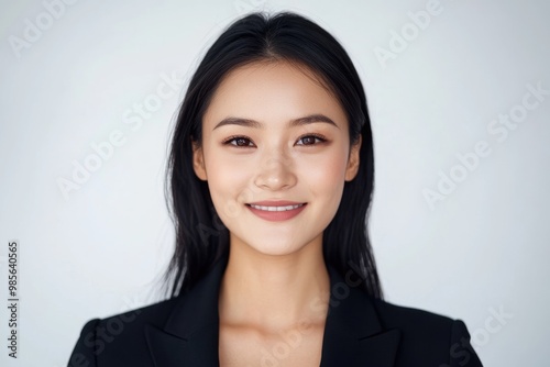 Beautiful young Asian woman smiling in studio portrait.