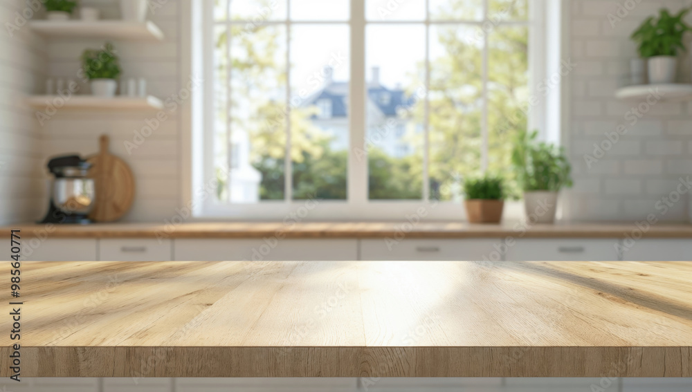 Empty wooden tabletop in front of blurred kitchen window Empty wooden tabletop in front of blurred kitchen window