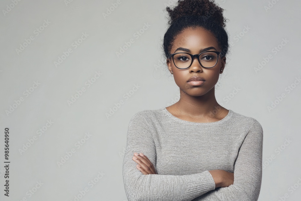 Focused African American girl in eyeglasses headshot portrait. Focused African American girl in eyeglasses headshot portrait.