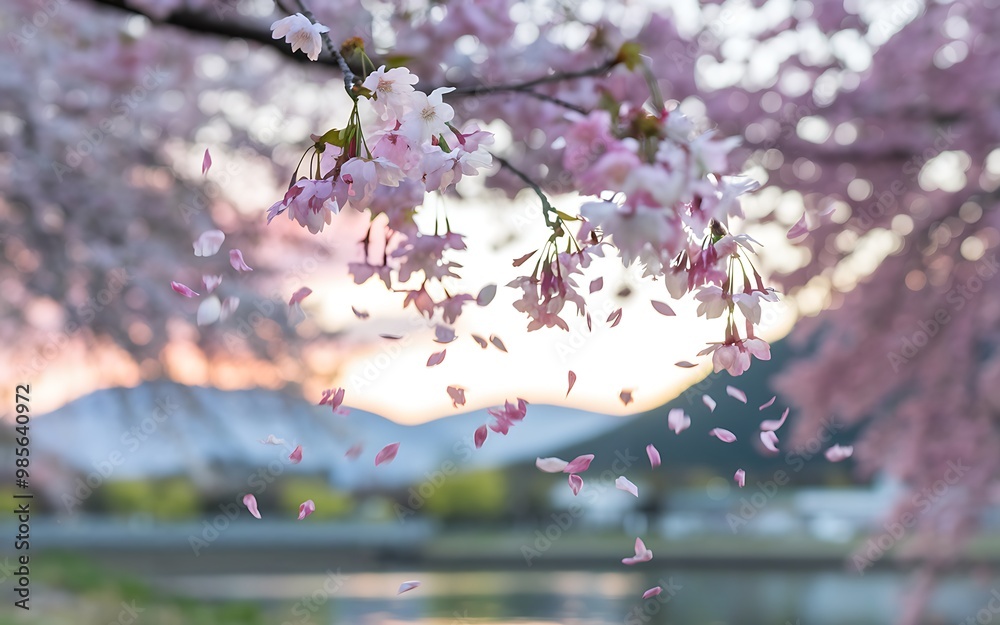 Fototapeta premium Pink cherry blossoms falling from a branch with a blurry background of a river and mountains.