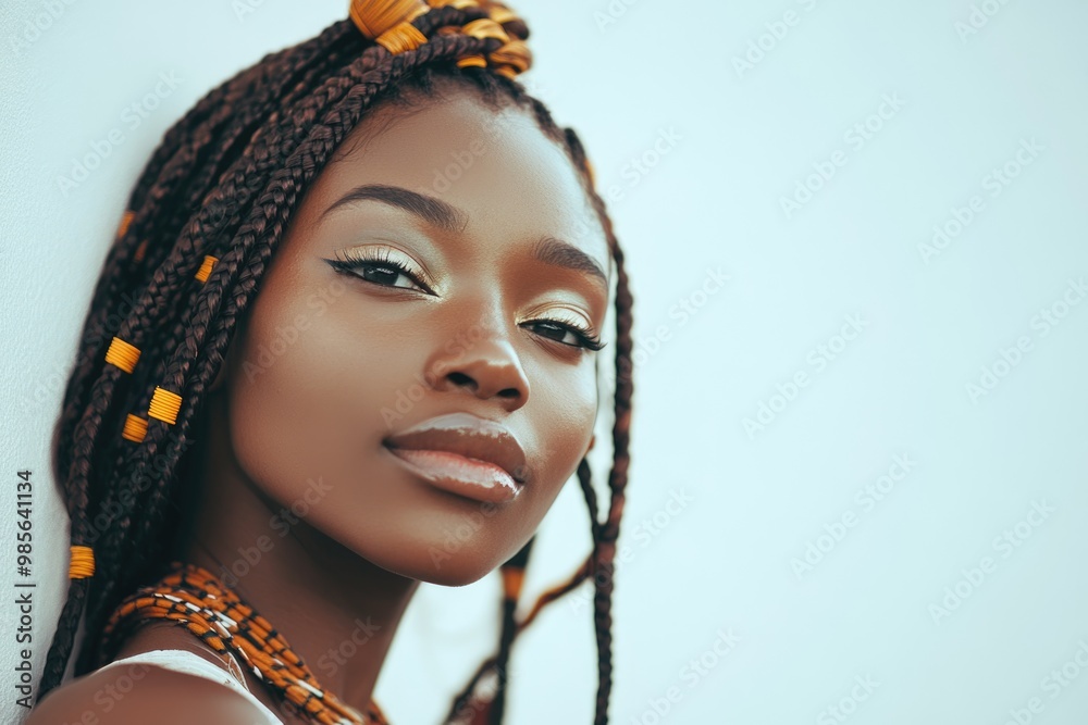 Vertical portrait of African young woman with braids posing on white wall. Vertical portrait of African young woman with braids posing on white wall.