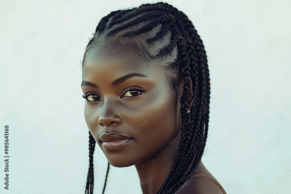 Vertical portrait of African young woman with braids posing on white wall. Vertical portrait of African young woman with braids posing on white wall.