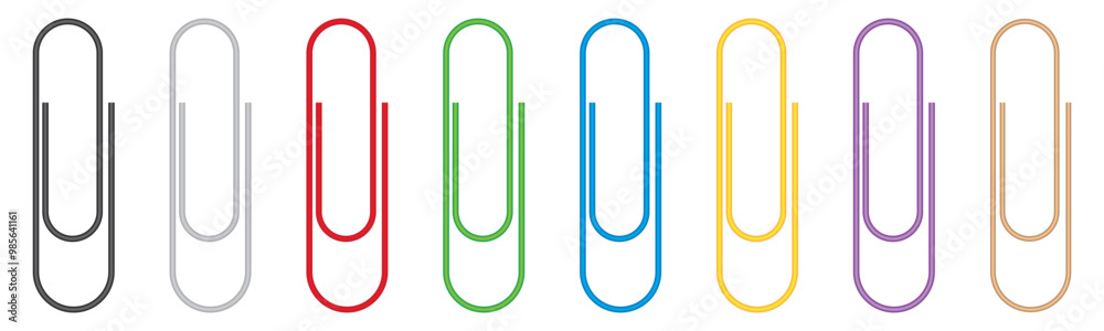 Realistic paper clip set isolated on transparent. Colorful paperclips collection. Vector illustration.