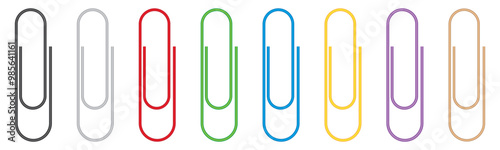 Realistic paper clip set isolated on transparent. Colorful paperclips collection. Vector illustration.