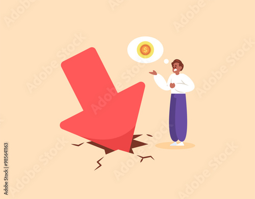 economic downfall and recession concept. bankrupt and failure. financial crash. financial problems. illustration of a businessman beside an arrow symbol stuck in the ground. flat style design. element