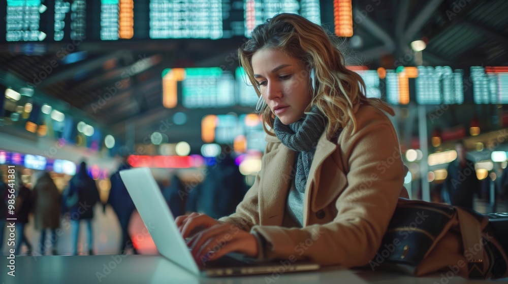 Woman Working on Laptop in Busy Airport Terminal Woman Working on Laptop in Busy Airport Terminal