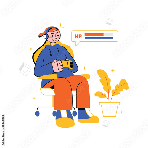 Vector of young man enjoying play games using joystick or game controller sitting on gaming chair