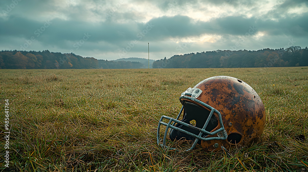 A football helmet lying in the grass on an empty field under a cloudy sky, with goalposts visible in the distance, evoking the spirit of the game A football helmet lying in the grass on an empty field under a cloudy sky, with goalposts visible in the distance, evoking the spirit of the game
