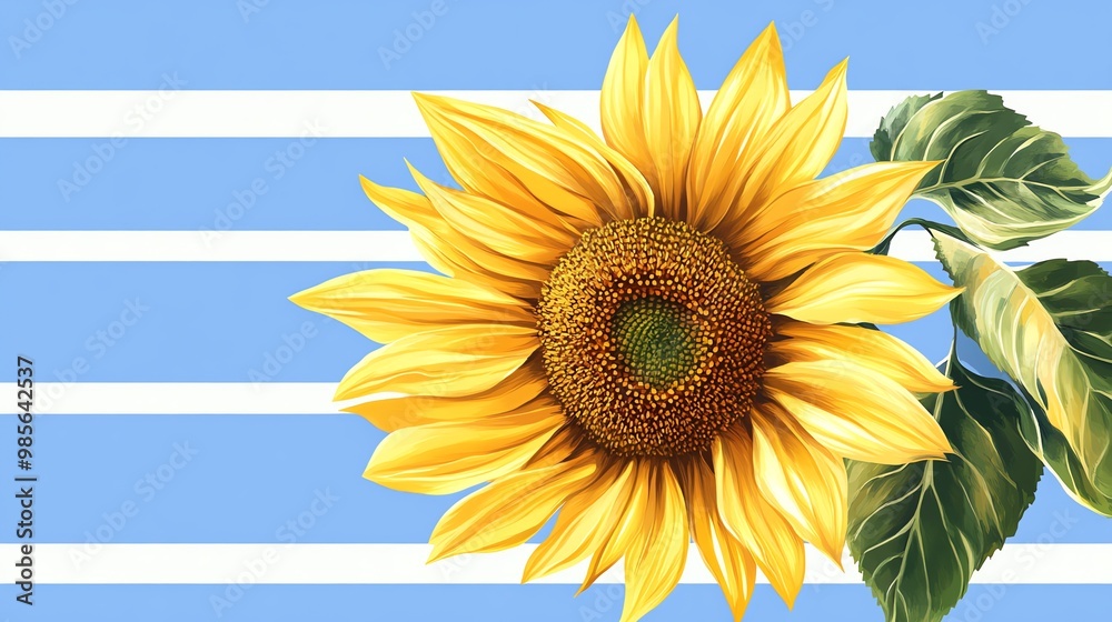 Obraz premium Beautiful yellow sunflower on a blue striped background.