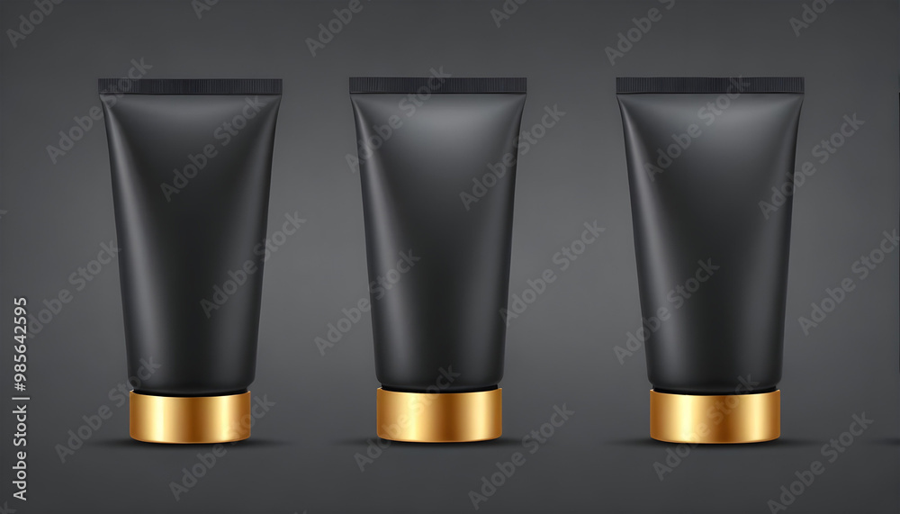 cosmetic tubes with gold caps on a gray mockup background cosmetic tubes with gold caps on a gray mockup background
