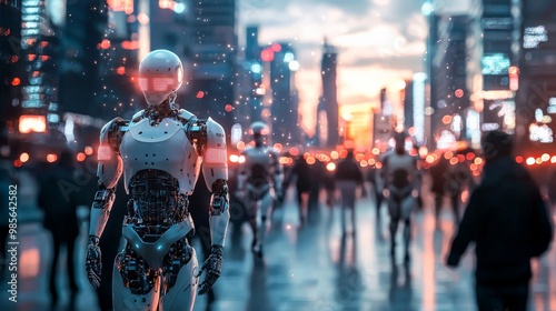 A futuristic cityscape with humanoid robots walking among humans, seamlessly integrating into society, highlighting the advancement of AI and robotics