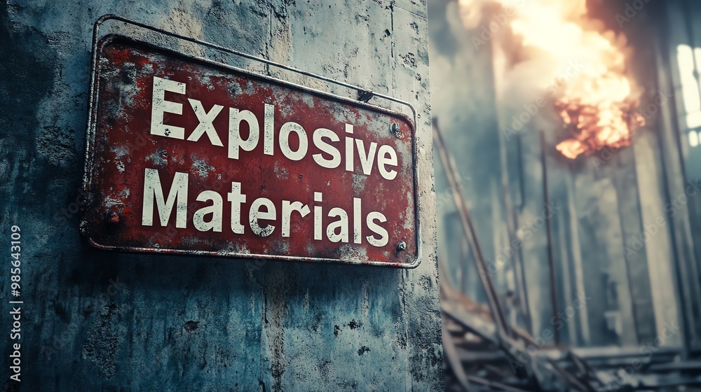 Obraz premium Rusty Warning Sign for Explosive Materials with a Blurry Background of Fire and Debris