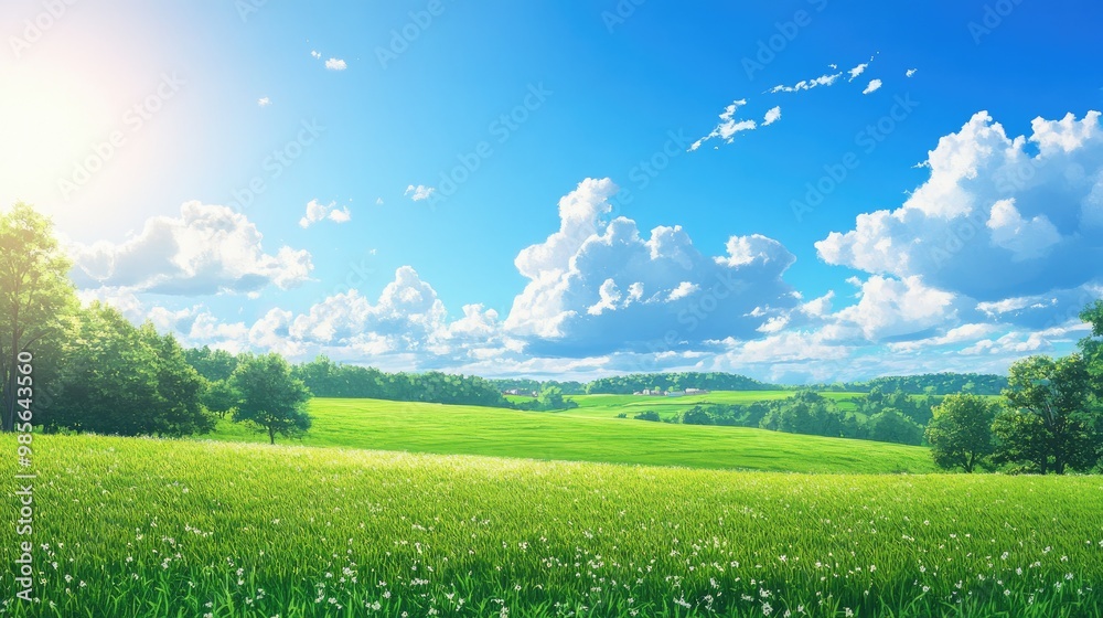 Fototapeta premium A serene anime-style landscape with a vast green field and a bright blue sky, perfect for a peaceful summer day scene.