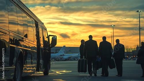 Business travelers walking towards a bus during a vibrant sunset at the airport, showcasing a sense of adventure and professionalism. photo