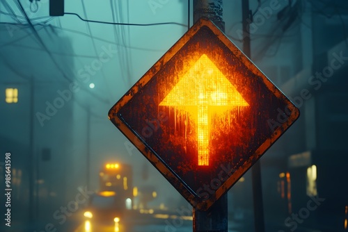 Glowing Up Arrow Road Sign in Foggy City at Night