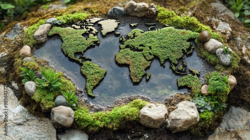 A world map made of grass and water surrounded by moss and stones.