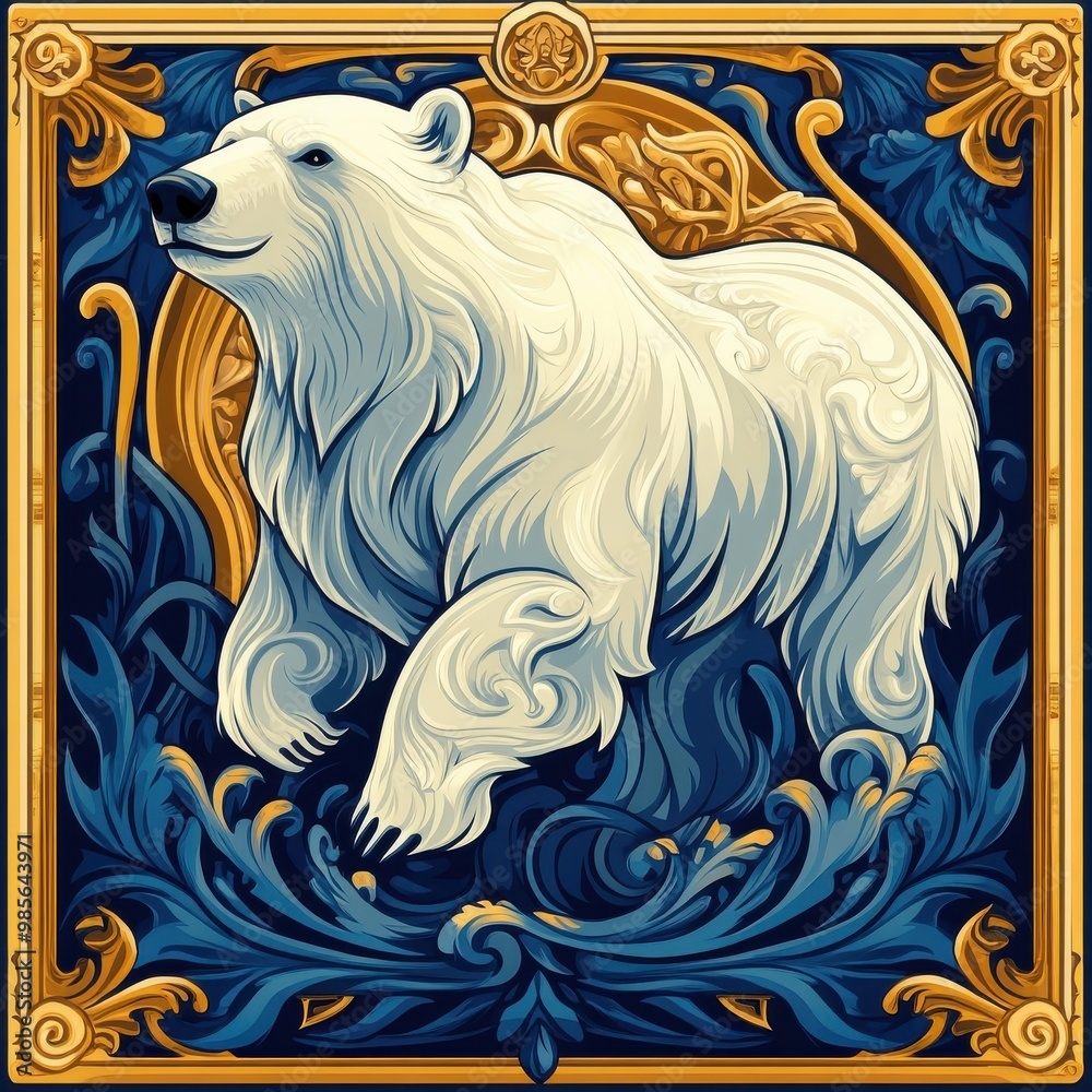 Fototapeta premium Art Nouveau polar bear, flowing lines, ornate motifs.